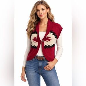 Chaps Denim Red Knit Sweater Vest, Size S/P, Southwestern Pattern, Cotton Blend